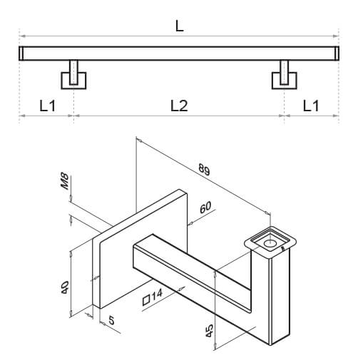Stainless Steel Square Handrail with Angle Plate Bracket Diagram