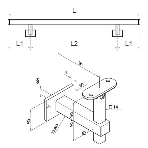 Stainless Steel Square Handrail with Adjustable Bracket Diagram