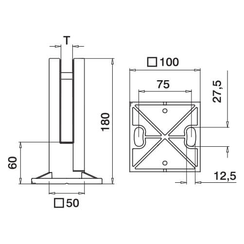 Square Floor Mounting Base Glass Clamp Diagram