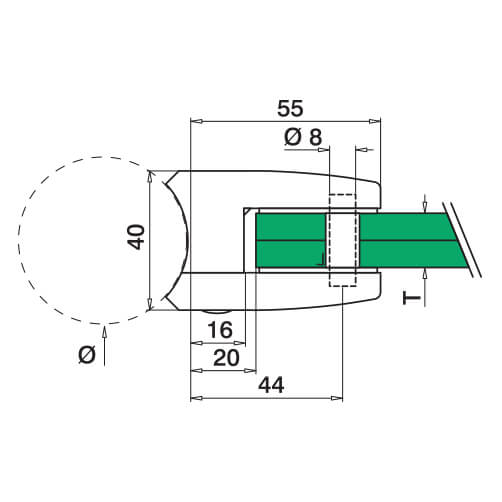 Glass Clamp - Square - 12mm to 17.52mm - Tube Mount - Dimensions