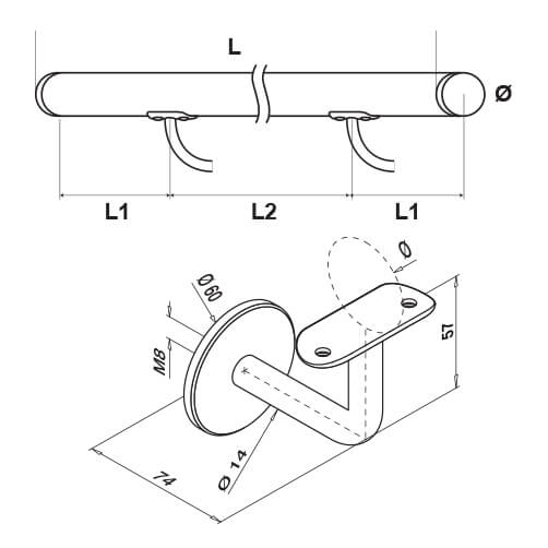 Hardwood Oak Handrail with Angle Plate Bracket Diagram