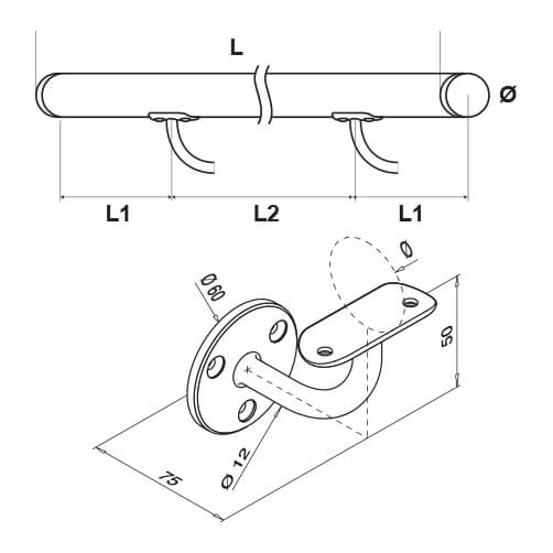Hardwood Oak Handrail with Smooth Angle Plate Bracket Diagram