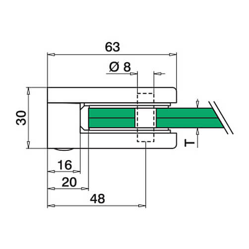 Glass Clamp - D Shape - 6mm to 12mm - Flat Mount - Dimensions