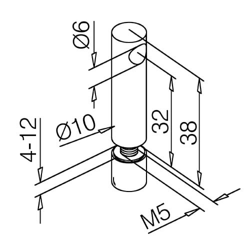 Mid Post - Glass Mount - 6mm Bar Railing - Dimensions