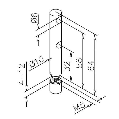 Mid Post - Glass Mount - 6mm Bar Railing - Dimensions