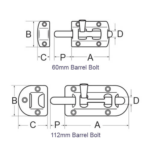 Barrel Bolt - Dimensions