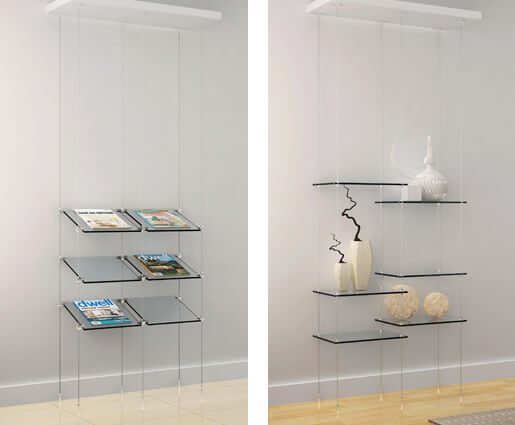 3 toughened safety glass shelves 15X60 CM cable display steel wire rope hanging shelf Set shop reception office Glass Size 15X60 CM 