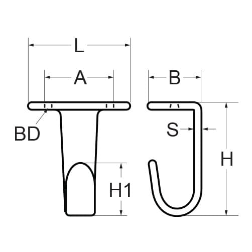 Ceiling Hook - Flat Profile - Dimensions