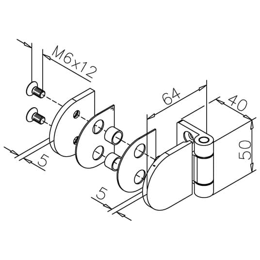 Glass to Wall D Shaped Hinge - Dimensions
