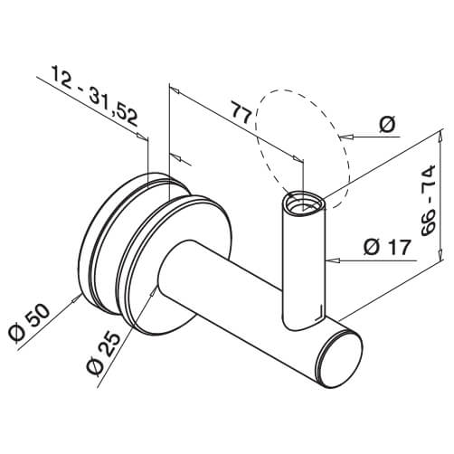 Handrail Bracket - Glass Mount To Tube - Dimensions