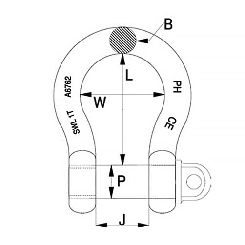 Lifting Bow Shackle - PH High Tensile - Standard Pin - Diagram