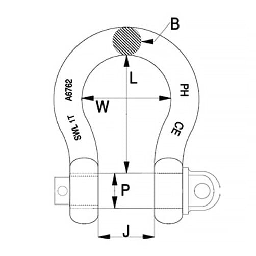 Lifting Bow Shackle - PH High Tensile - Long Safety Pin - Diagram