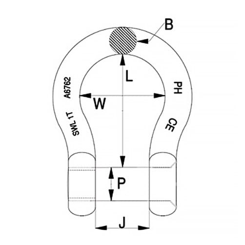 Lifting Bow Shackle - PH High Tensile - Socket Head Pin - Diagram