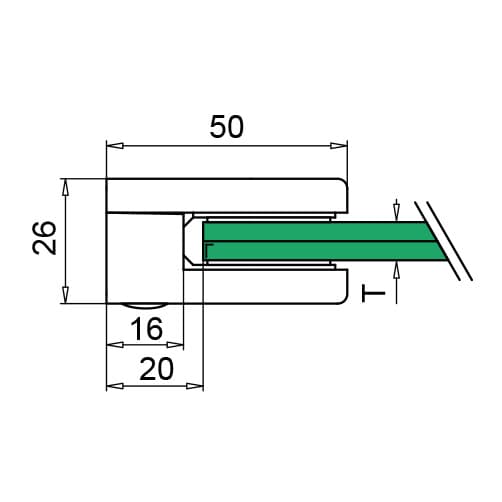 Glass Clamp - D Shape - 6mm to 10.76mm - Flat Mount - Dimensions