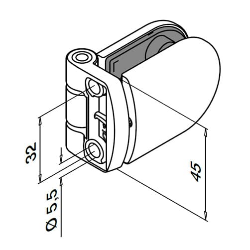 Flat to Glass Hinge - D-shaped Clamp - Dimensions
