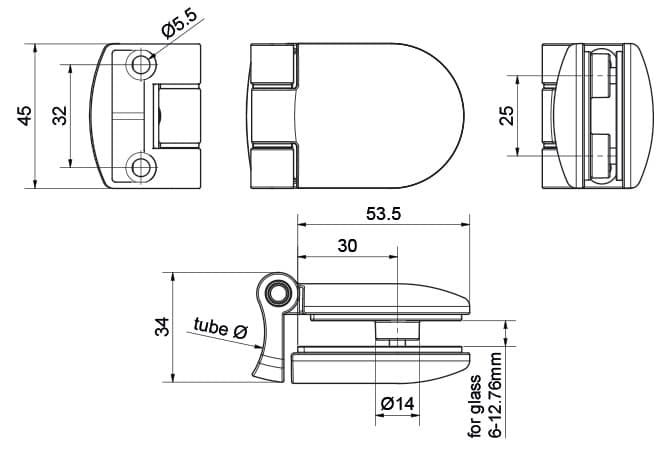 Tube to Glass Hinge - Dimensions