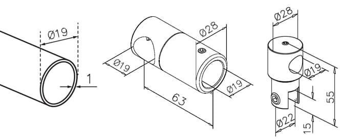 Tube T-Connector Arm Component Dimensions